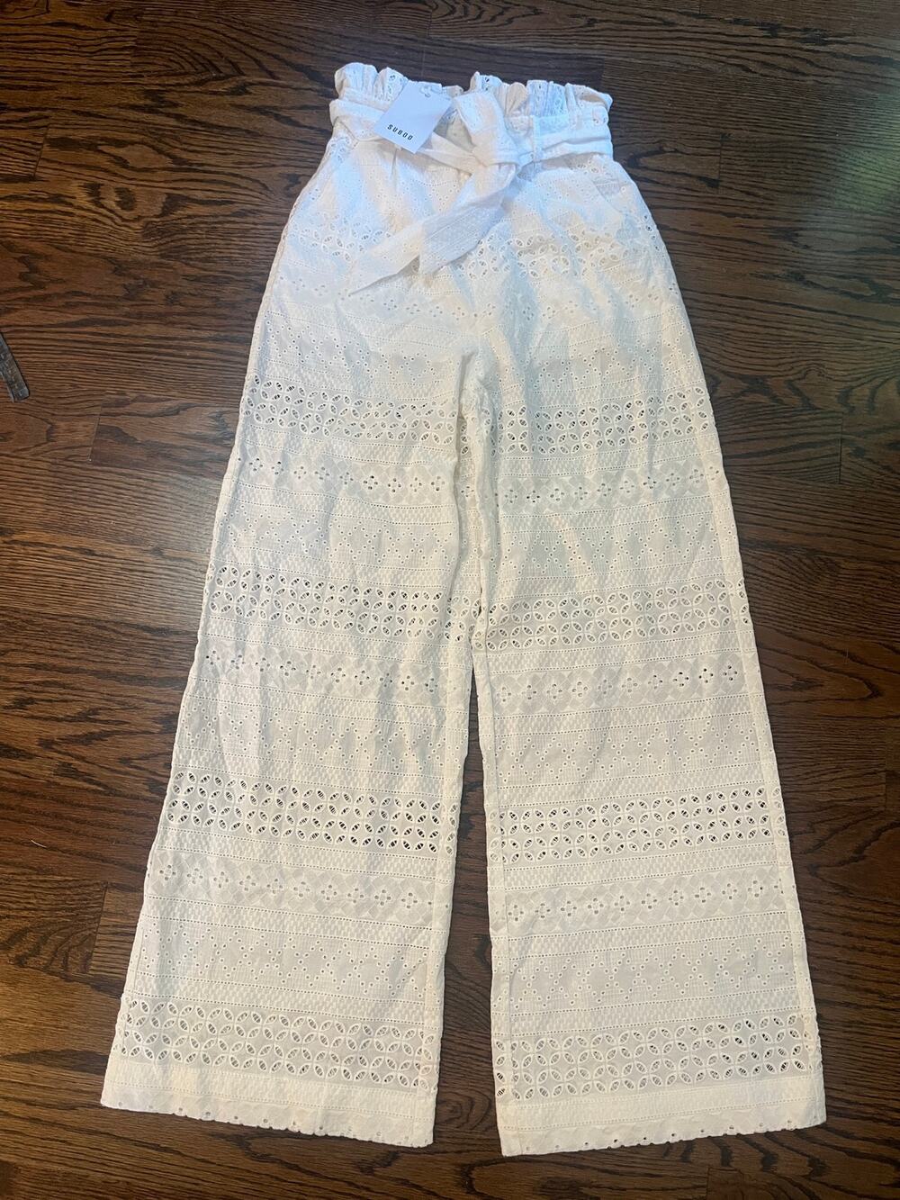 Suboo Blanca paperbag pants white eyelet lace wide leg cotton Sz. 4 NWT